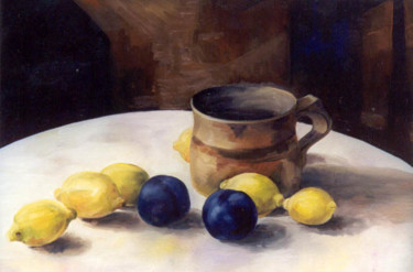 Schilderij getiteld "Plums and Lemons" door Marta Goebel-Pietrasz, Origineel Kunstwerk