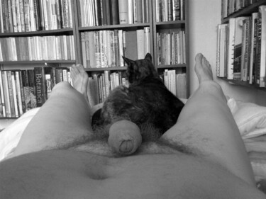 Fotografie mit dem Titel "Male Nude With Cat" von Gee Shepherd, Original-Kunstwerk, Digitale Fotografie