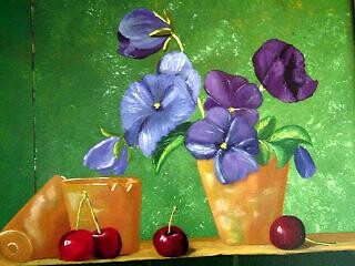 Painting titled "Viooltjes en kersen" by Geert Winkel, Original Artwork, Oil