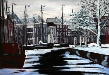 Painting titled "Winter in stad (Gro…" by Geert Winkel, Original Artwork, Oil