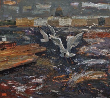 Peinture intitulée "Чайки на Неве" par Geimran Baimukhanov, Œuvre d'art originale, Huile