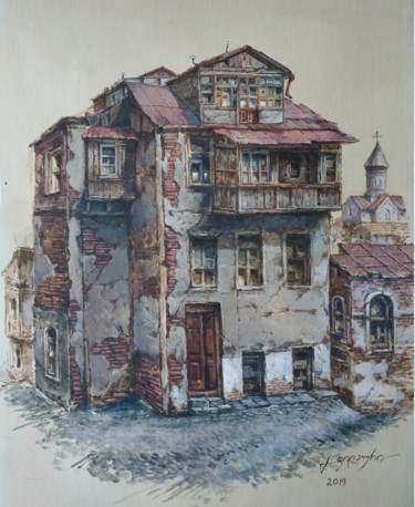 Disegno intitolato "Старый дом" da Gela Philauri, Opera d'arte originale, Acquarello