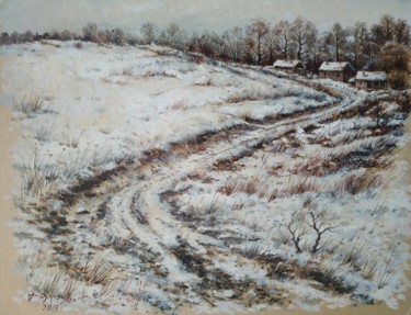 Peinture intitulée "Деревенька зимой" par Gela Philauri, Œuvre d'art originale, Aquarelle