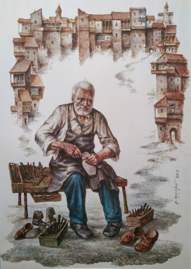 Drawing titled "Сапожник" by Gela Philauri, Original Artwork, Watercolor