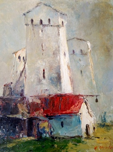 Painting titled "Башня в Сванети" by Gela Philauri, Original Artwork, Oil