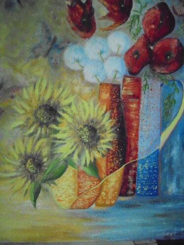 Painting titled "Цветы и бабочки" by Gena Keusch, Original Artwork