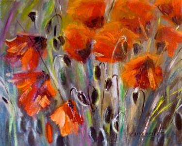 Painting titled "coquelicots 6" by Geneviève Baud Caizergues, Original Artwork, Oil