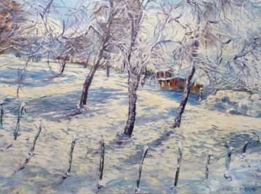Painting titled "Neige à Drevy, comm…" by Geneviève Baud Caizergues, Original Artwork, Oil Mounted on Wood Stretcher frame