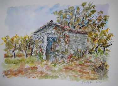 Painting titled "Le mazet embroussai…" by Geneviève Baud Caizergues, Original Artwork, Watercolor