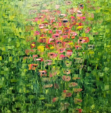 Painting titled "Prairie fleurie" by Geneviève Baud Caizergues, Original Artwork, Oil Mounted on Wood Stretcher frame