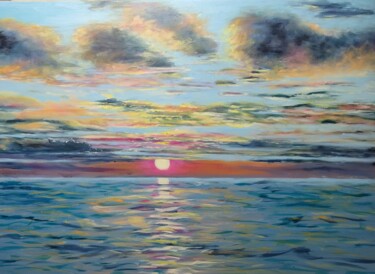 Painting titled "coucher de soleil s…" by Geneviève Baud Caizergues, Original Artwork, Oil Mounted on Wood Stretcher frame