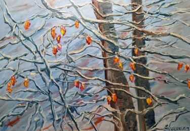 Painting titled "Neige d automne" by Geneviève Baud Caizergues, Original Artwork, Oil Mounted on Wood Stretcher frame