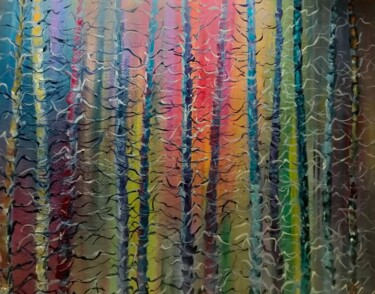 Painting titled "Aurore en forêt" by Geneviève Baud Caizergues, Original Artwork, Oil Mounted on Wood Stretcher frame