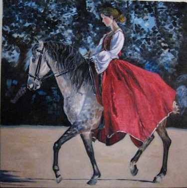 Painting titled "L 'écuyère écarlate" by Geneviève Baud Caizergues, Original Artwork, Oil