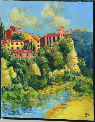 Peinture intitulée "Village perché" par Bg, Œuvre d'art originale, Acrylique