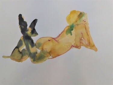 Dessin intitulée "nue aux bas noirs" par Geneviève Bonnet-Cadith, Œuvre d'art originale, Aquarelle