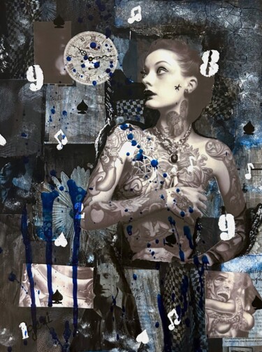 Collagen mit dem Titel "Blue Velvet" von Geneviève Desjardins, Original-Kunstwerk, Collagen Auf Keilrahmen aus Holz montiert
