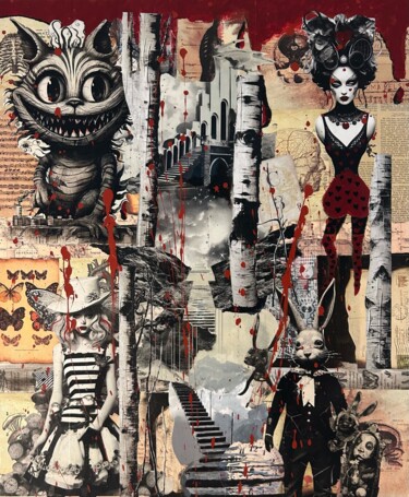 Collages intitulée "Alice au pays des m…" par Geneviève Desjardins, Œuvre d'art originale, Collages Monté sur Châssis en bois