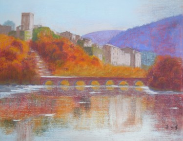 Painting titled "Le pont de Montclus…" by Genevieve Fraysse, Original Artwork, Pastel