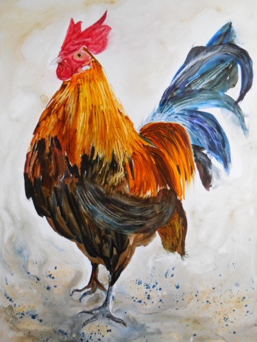 Painting titled "Coq sur papier lana…" by Genevieve Fraysse, Original Artwork, Watercolor