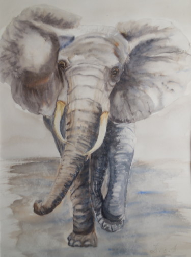 Картина под названием "L'éléphant d'Afriqu…" - Genevieve Fraysse, Подлинное произведение искусства, Акварель