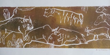 Prenten & gravures getiteld "Ma gravure rupestre…" door Genevieve Fraysse, Origineel Kunstwerk, Linosnede