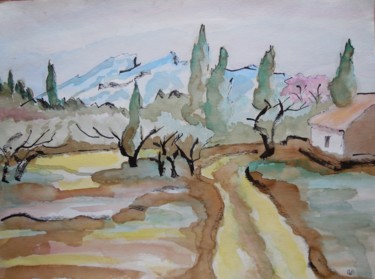 Painting titled "Mas en Provence (te…" by Genevieve Fraysse, Original Artwork, Watercolor