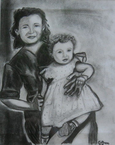 Tekening getiteld "Mère et fille" door Genevieve Fraysse, Origineel Kunstwerk, Houtskool