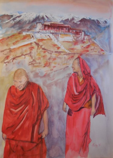 Peinture intitulée "Hommage aux moines…" par Genevieve Fraysse, Œuvre d'art originale, Aquarelle