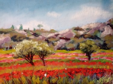 Painting titled "Prés d 'Eygalières…" by Genevieve Fraysse, Original Artwork, Pastel