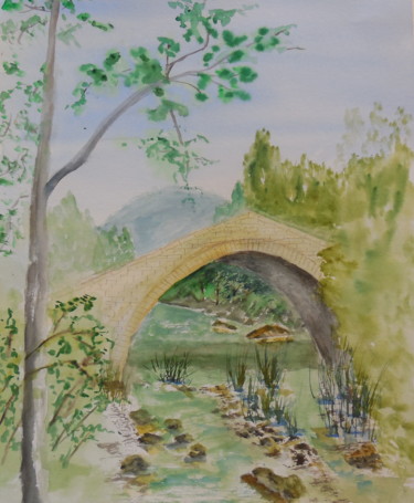 Painting titled "Pont génois en Cors…" by Genevieve Fraysse, Original Artwork, Watercolor