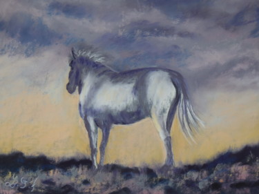 Painting titled "Le cheval blanc de…" by Genevieve Fraysse, Original Artwork, Pastel