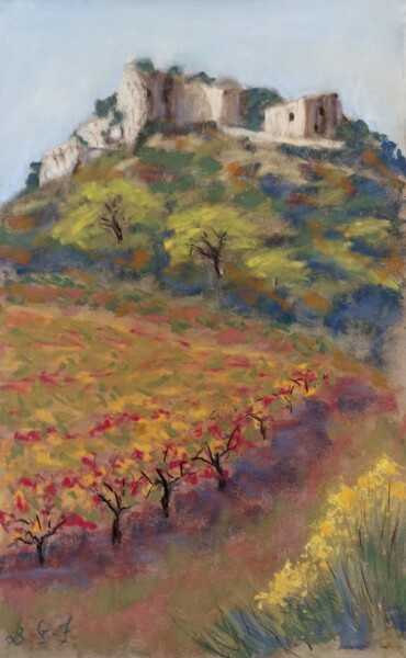 Painting titled "Vignes rouges au ch…" by Genevieve Fraysse, Original Artwork, Pastel Mounted on Other rigid panel