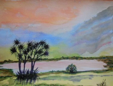 Painting titled "Lac rosé" by Genevieve Fraysse, Original Artwork, Watercolor