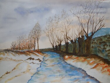 Peinture intitulée "Ruisseau en hiver" par Genevieve Fraysse, Œuvre d'art originale, Aquarelle