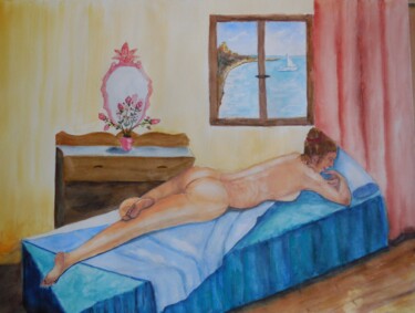 Peinture intitulée "Nue au repos" par Genevieve Fraysse, Œuvre d'art originale, Aquarelle