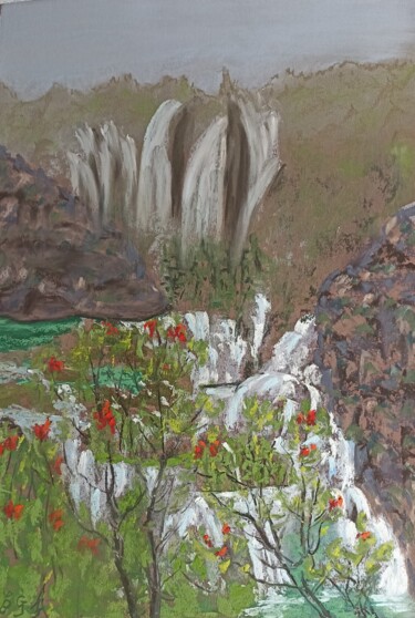 Schilderij getiteld "Les cascades de Pli…" door Genevieve Fraysse, Origineel Kunstwerk, Pastel