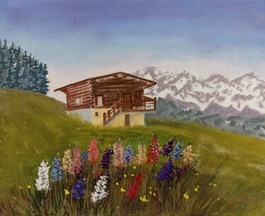 Malerei mit dem Titel "Les lupins vers Meg…" von Genevieve Fraysse, Original-Kunstwerk, Pastell