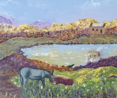 Pintura titulada "L'âne et le choucas…" por Genevieve Fraysse, Obra de arte original, Oleo