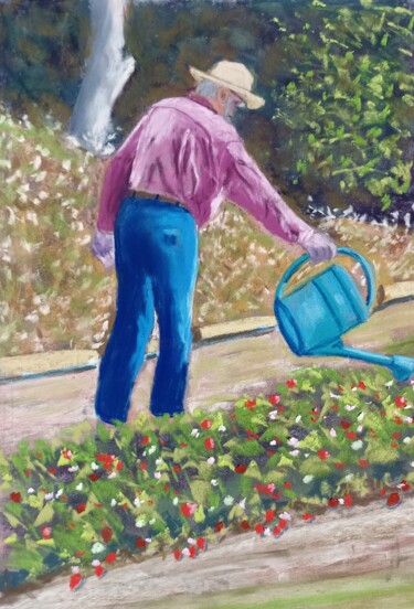 Peinture intitulée "M.. au jardin" par Genevieve Fraysse, Œuvre d'art originale, Pastel