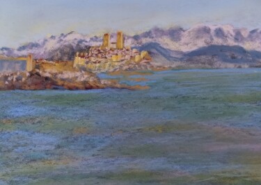 Peinture intitulée "Vue sur Antibes (d'…" par Genevieve Fraysse, Œuvre d'art originale, Pastel