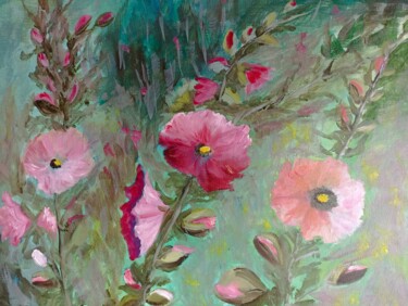 Peinture intitulée "Les roses trémières" par Genevieve Fraysse, Œuvre d'art originale, Huile