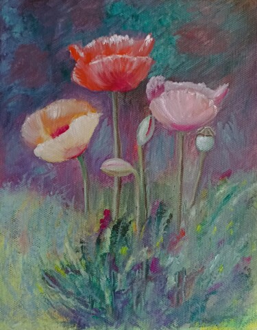 Peinture intitulée "Les pavots en fleur…" par Genevieve Fraysse, Œuvre d'art originale, Huile