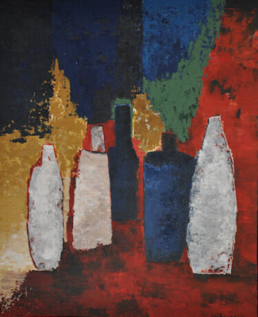 Peinture intitulée "les bouteilles" par Geneviève Mounier, Œuvre d'art originale, Huile