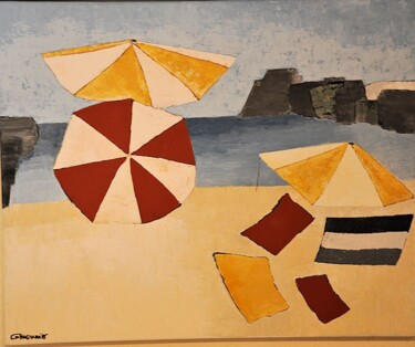 Peinture intitulée "la plage aux paraso…" par Geneviève Mounier, Œuvre d'art originale, Huile