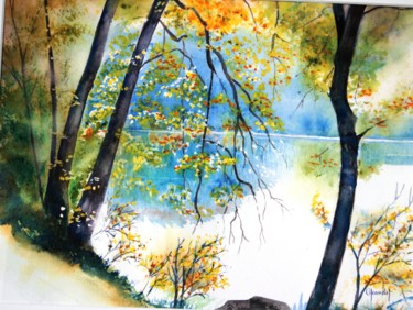 Pintura intitulada "Paysage d'automne" por Genevieve Jeandot, Obras de arte originais, Aquarela