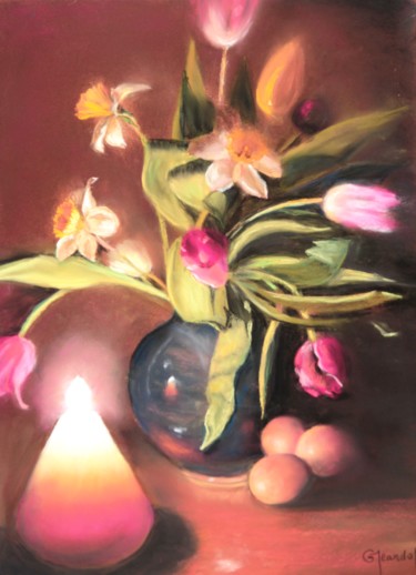 Peinture intitulée "Vase de fleurs" par Genevieve Jeandot, Œuvre d'art originale, Pastel