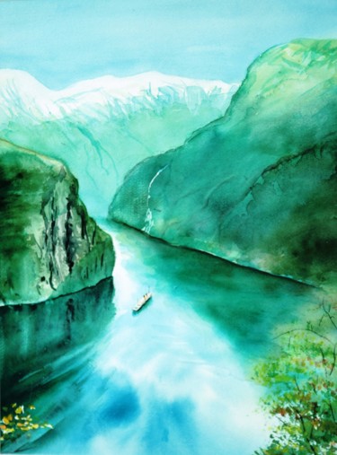 Pintura intitulada "Fjord de Norvège" por Genevieve Jeandot, Obras de arte originais, Aquarela