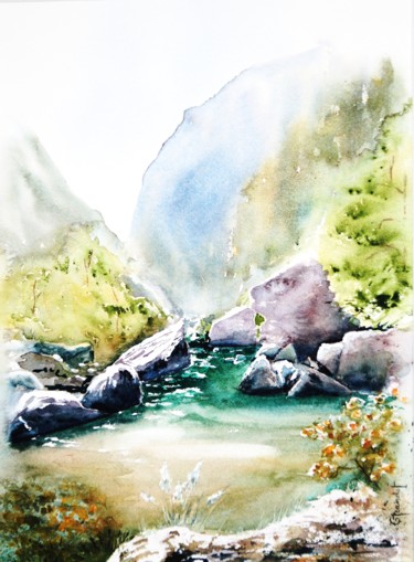 Painting titled "Gorges du Verdon" by Genevieve Jeandot, Original Artwork, Watercolor