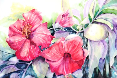 Painting titled "Hibiscus rouges" by Genevieve Jeandot, Original Artwork, Watercolor